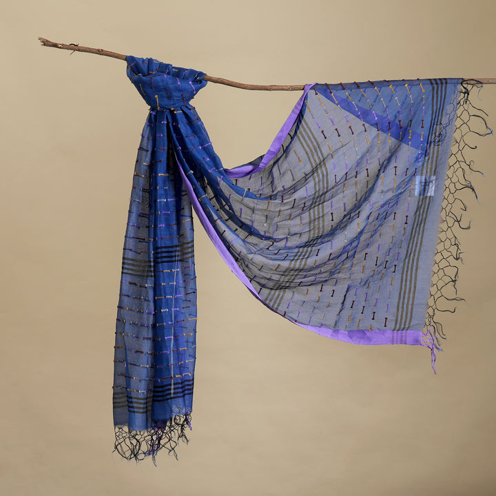 Royal Blue Cotton-Silk Scarf with Traditional Decorative Border | Elegant Drape