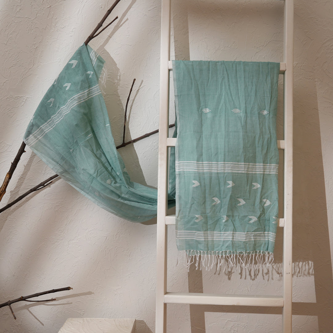 Mint Cotton Jamdani Stole | Handloom Woven Scarf with Elegant Tassels