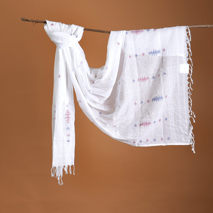 White Cotton Jamdani Stole | Handloom Woven Scarf with Elegant Tassels