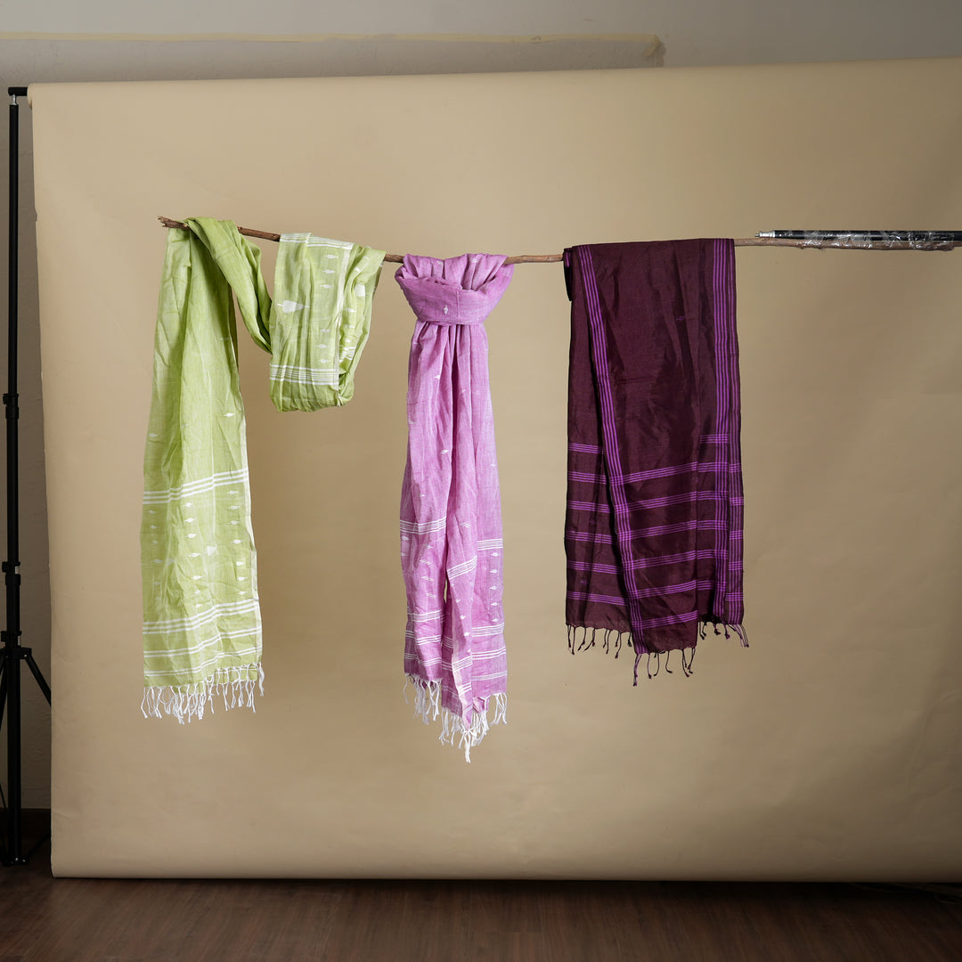 Light Green Cotton Jamdani Stole | Handloom Woven Scarf with Elegant Tassels