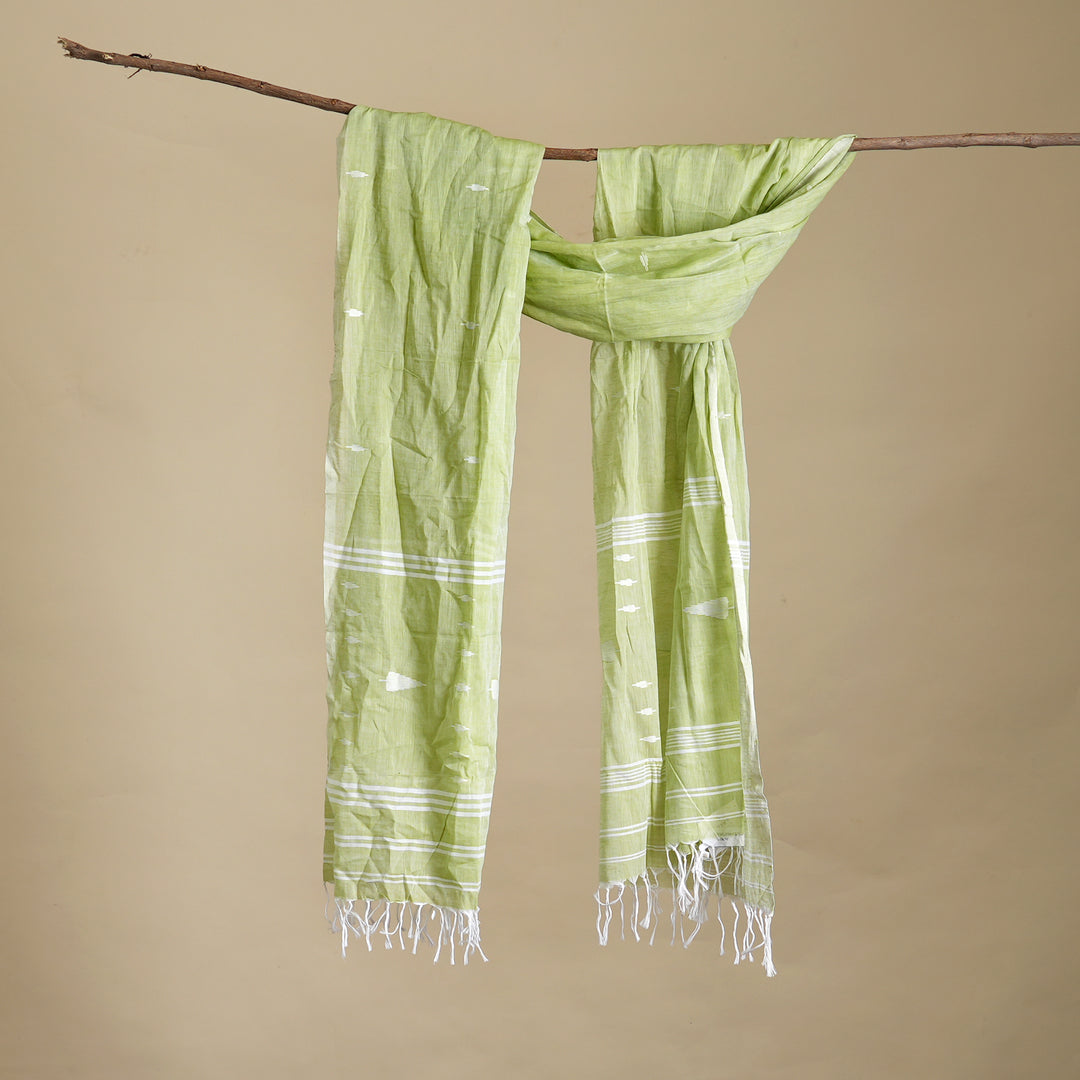 Light Green Cotton Jamdani Stole | Handloom Woven Scarf with Elegant Tassels
