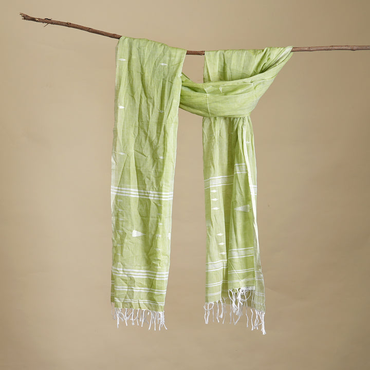 Light Green Cotton Jamdani Stole | Handloom Woven Scarf with Elegant Tassels