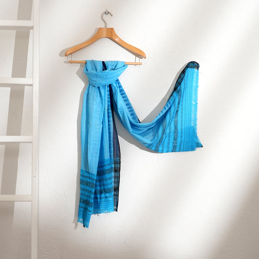 Sky Blue Cotton Stole with Temple Border | Traditional South Indian Design