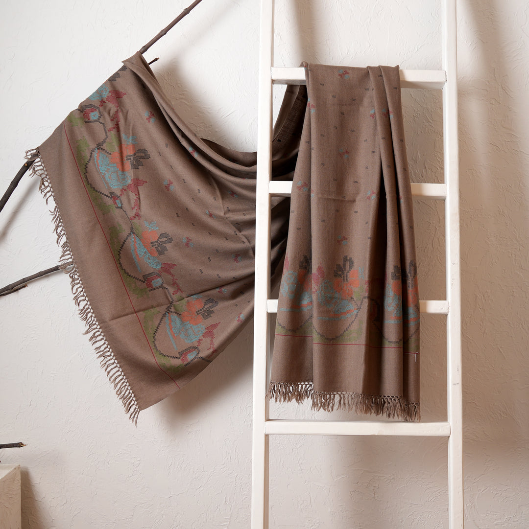 Kullu Woolen Shawl in Light Brown Color, 84"x40.5"