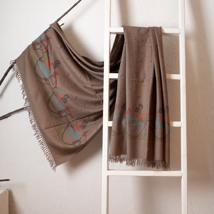 Kullu Woolen Shawl in Light Brown Color, 84"x40.5"