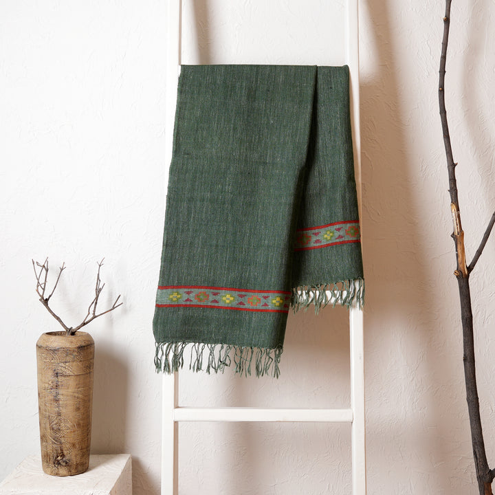 Kullu Handspun Woolen Stole in Forest Green Color, 80"x28"