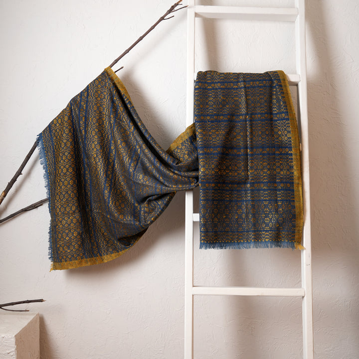 Tussar Silk Merino Wool Dupatta | Blue/Gold, 86"x35"