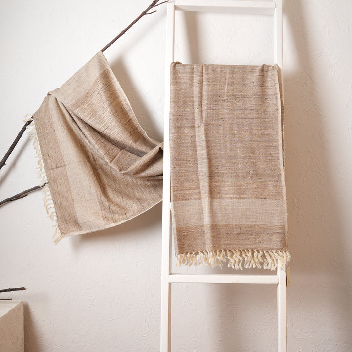 Handwoven Tasar Silk Wool Shawl | Beige, 90"x39"