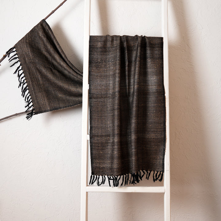 Handwoven Tasar Silk Wool Stole | Black, 74"x26"