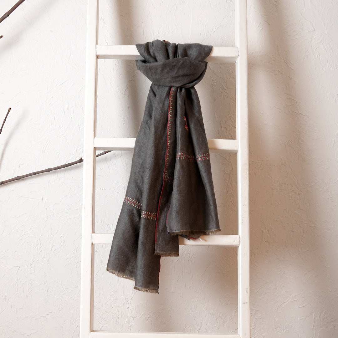 Sozni Embroidered Reversible Pashmina Stole | Grey/Beige, 80"x28"