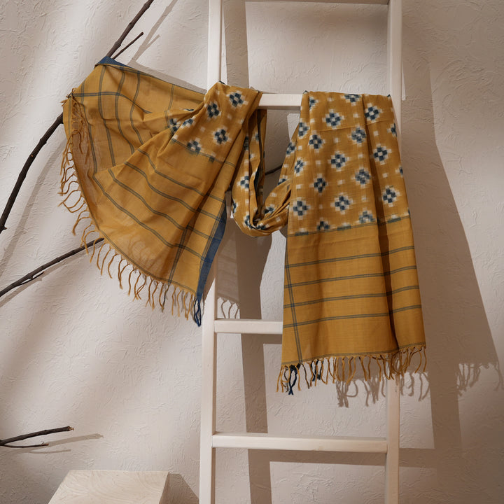 Handwoven Double Ikat Cotton Dupatta | Natural Dyes, Yellow, 98X36"