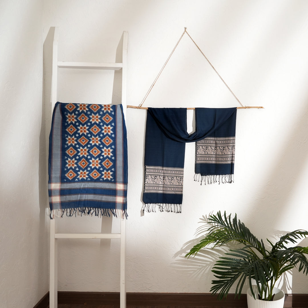 Handwoven Double Ikat Cotton Stole | Natural Dyes, Orange & Indigo, 78X22"