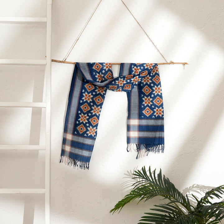 Handwoven Double Ikat Cotton Stole | Natural Dyes, Orange & Indigo, 78X22"