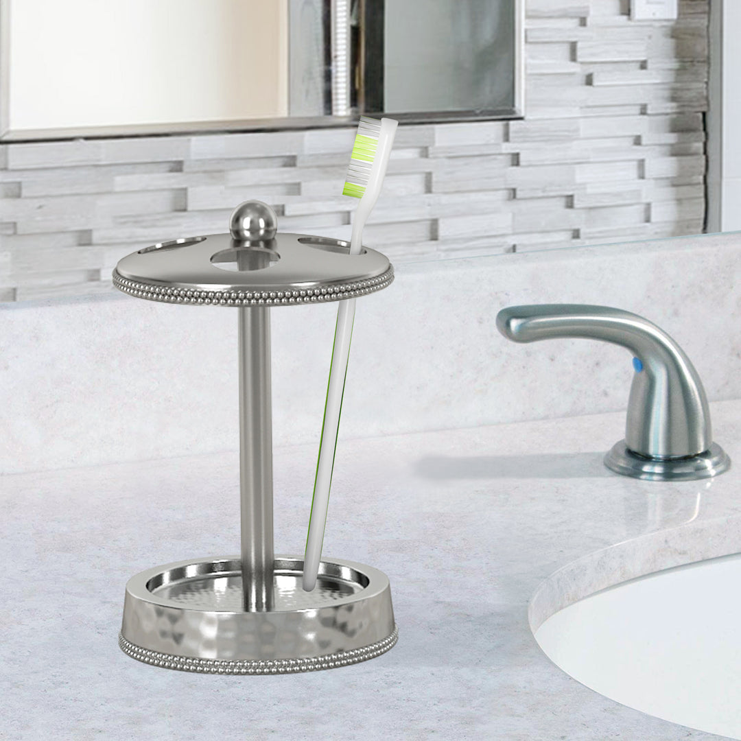Metal Toothbrush Holder | Compact Multi-Slot Holder for Toothbrushes,Razors & Makeup Accessories | Hammered/Shiny