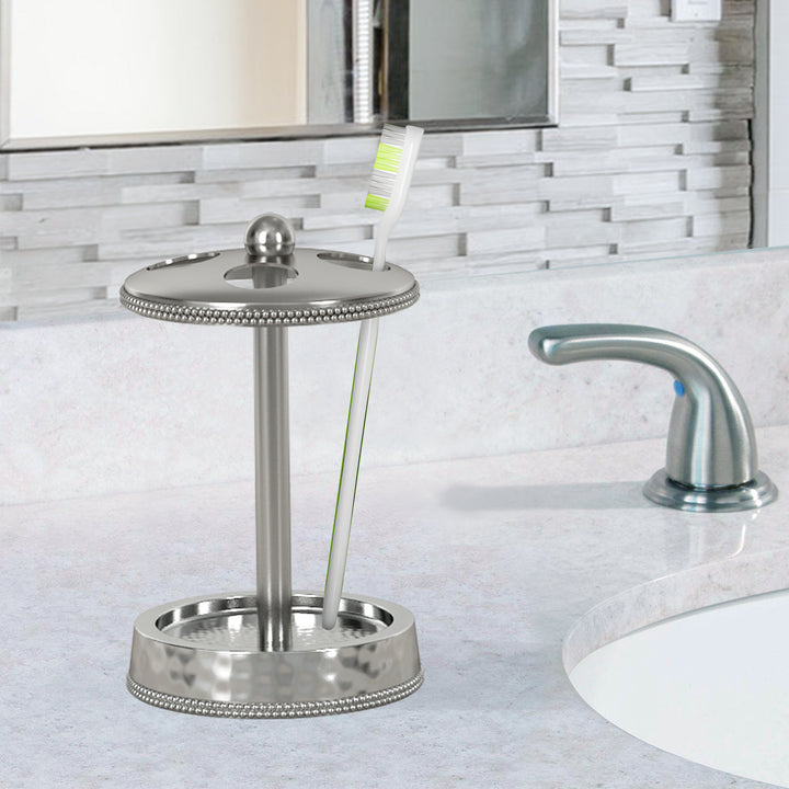 Metal Toothbrush Holder | Compact Multi-Slot Holder for Toothbrushes,Razors & Makeup Accessories | Hammered/Shiny