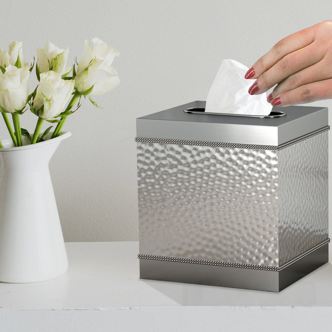Tissue Box | Square Metal Paper Facial Tissue Box Cover Holder | Hammered /Shiny Finish,
