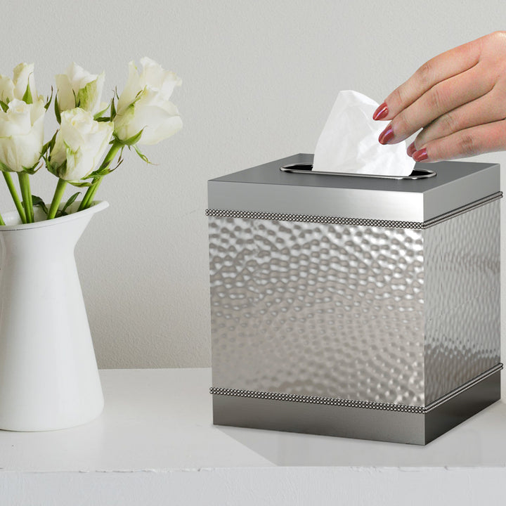 Tissue Box | Square Metal Paper Facial Tissue Box Cover Holder | Hammered /Shiny Finish,