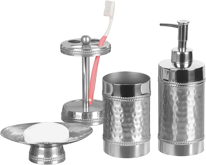 4 Pcs Stainless Steel Bath Accessory Set for Vanity Countertops Includes Soap Dish, Toothbrush Holder, Tumbler, Soap and Lotion Pump