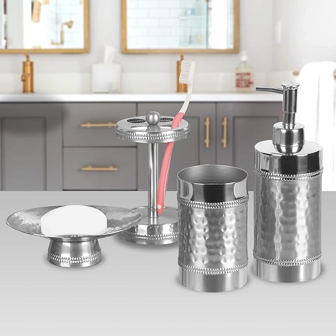 4 Pcs Stainless Steel Bath Accessory Set for Vanity Countertops Includes Soap Dish, Toothbrush Holder, Tumbler, Soap and Lotion Pump