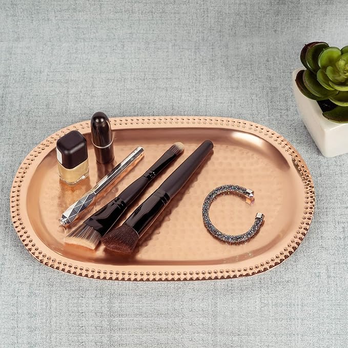 Decorative Tray | Metal Cosmetic Organizer, Hand Towel Storage Tray Dispenser, Bathroom Vanity countertop, Hammered Finish
