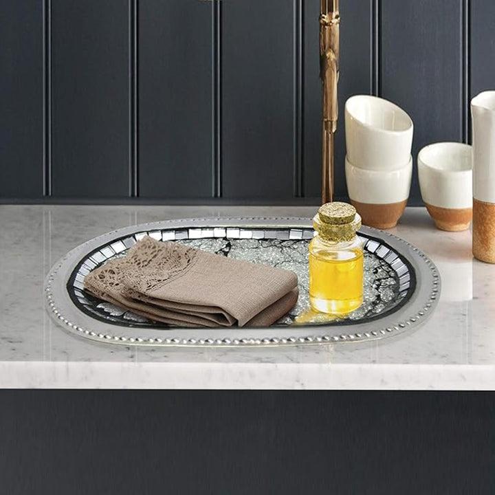 Amenity Tray | Metal Cosmetic Organizer | Hand Towel Storage Tray | Bathroom Vanity countertop | Aqua Mosaic Finish