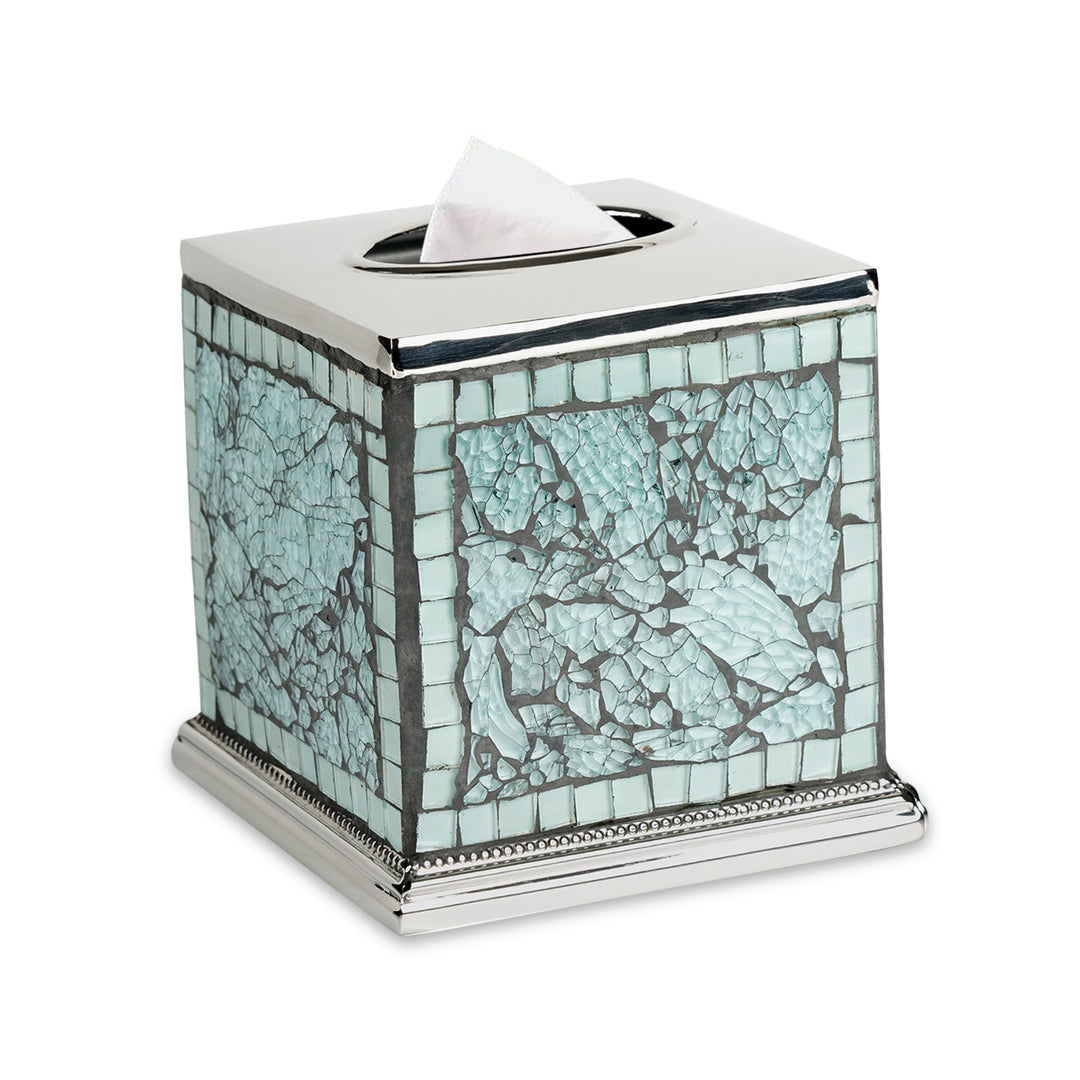 Tissue Box | Aqua Stainless Steel Square Facial Tissue Box for Bathroom Vanity Countertops,Bedroom Dressers | Glass Mosaic Aqua Finish