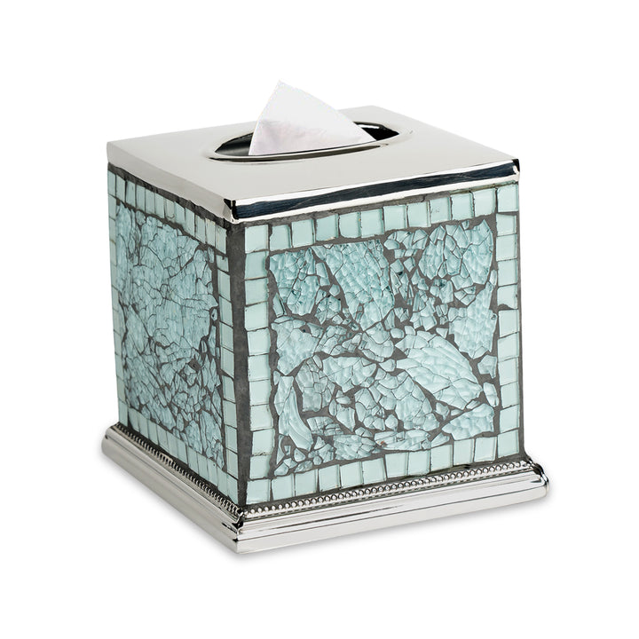 Tissue Box | Aqua Stainless Steel Square Facial Tissue Box for Bathroom Vanity Countertops,Bedroom Dressers | Glass Mosaic Aqua Finish