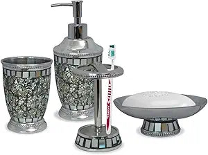 4 Pcs Stainless Steel Bath Accessory Set for Vanity Countertops Includes Soap Dish, Toothbrush Holder, Tumbler, Soap and Lotion Pump | Glass Mosaic Finish