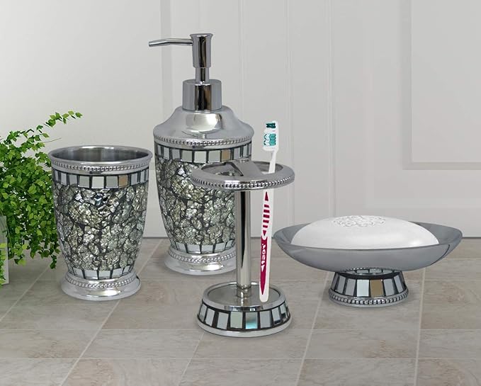 4 Pcs Stainless Steel Bath Accessory Set for Vanity Countertops Includes Soap Dish, Toothbrush Holder, Tumbler, Soap and Lotion Pump | Glass Mosaic Finish