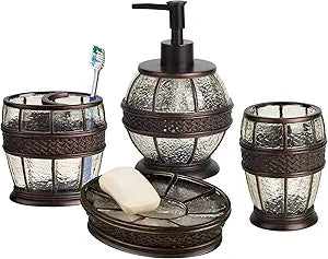 4 Pcs Resin Bath Accessory Set for Vanity Countertops with Soap Dish, Toothbrush Holder, Tumbler, Soap and Lotion Pump | Oil Rubbed Bronze Finish