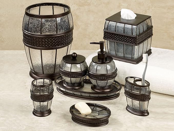 Resin Crackled Ice Bath Accessory Set Vanity Countertop, 8 pcs Luxury Ensemble-Cotton Swab, Dish, Toothbrush Holder, Tumbler, soap Pump, Wastebasket, Tissue Box, Tray, Oil Rubbed Bronze Finish