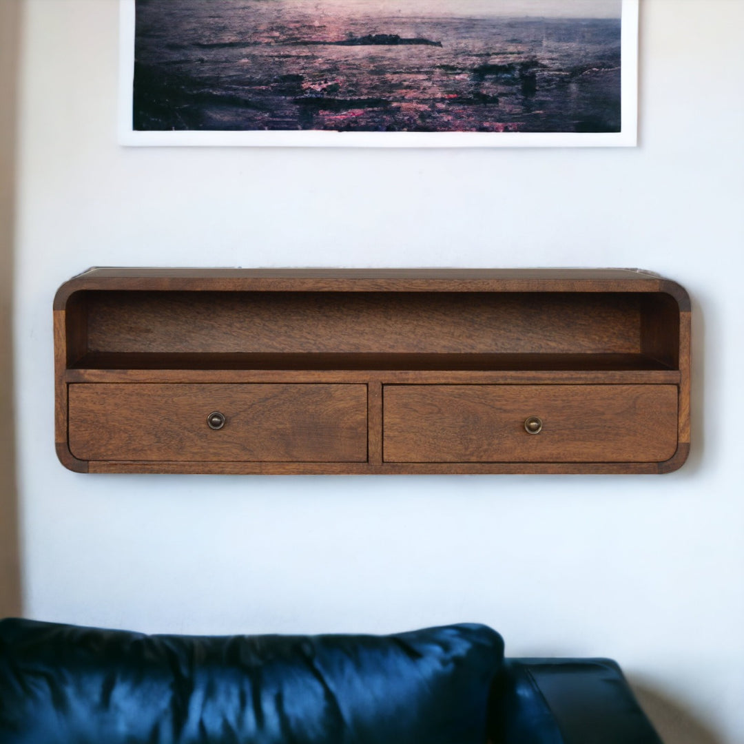 Solid Wood Floating Console, 2-Drawers, 1 Open Slot, Brown