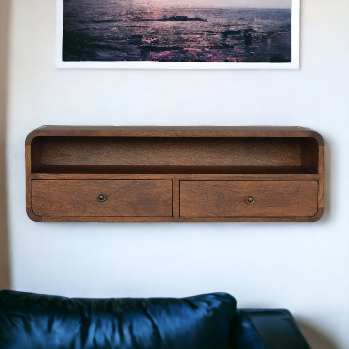 Solid Wood Floating Console, 2-Drawers, 1 Open Slot, Brown