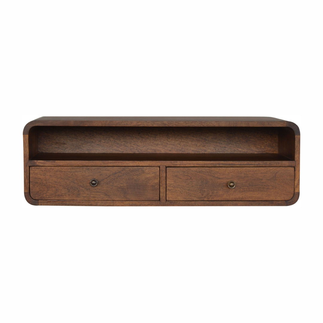 Solid Wood Floating Console, 2-Drawers, 1 Open Slot, Brown