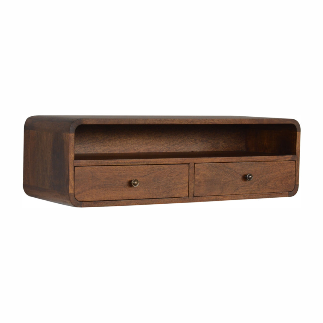 Solid Wood Floating Console, 2-Drawers, 1 Open Slot, Brown
