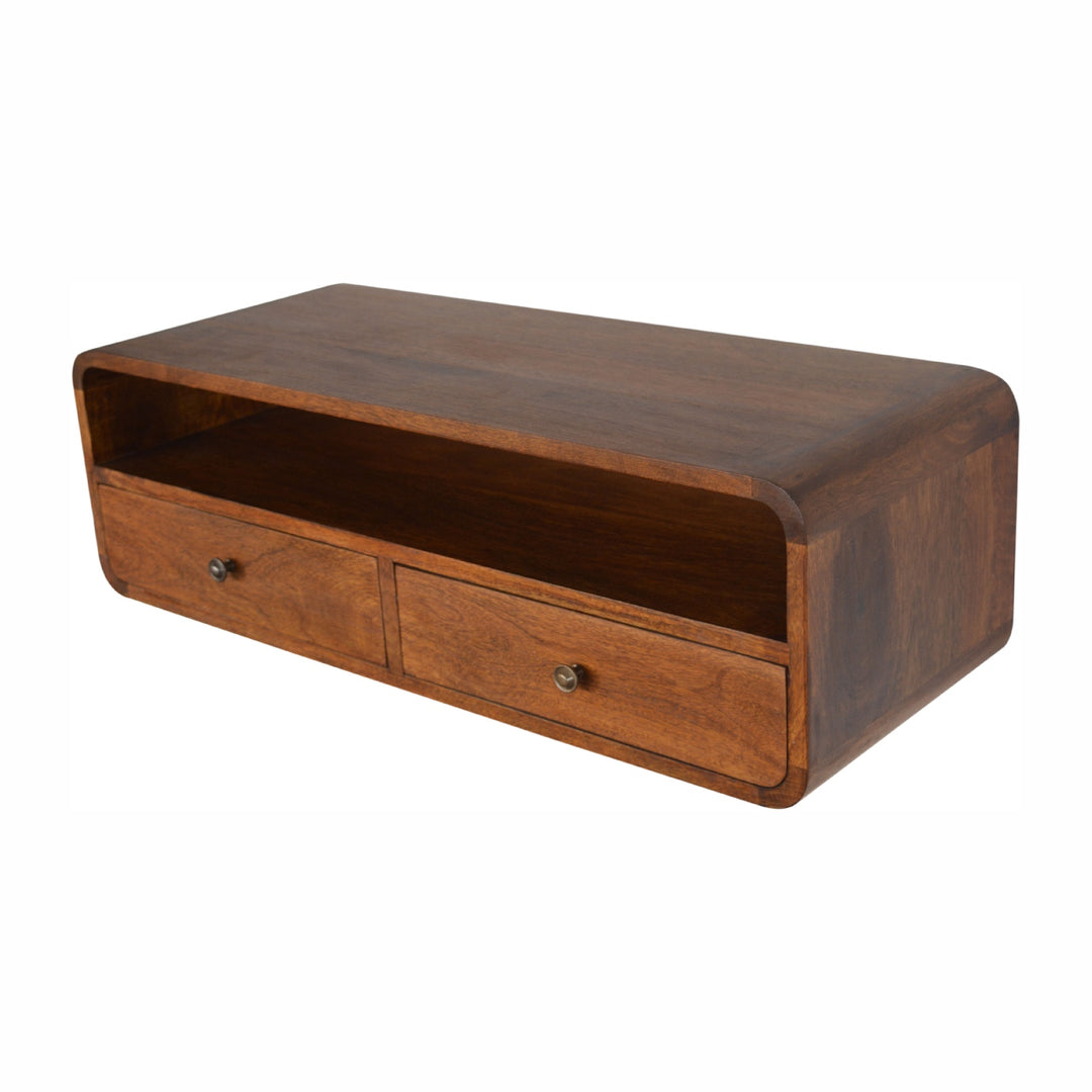 Solid Wood Floating Console, 2-Drawers, 1 Open Slot, Brown