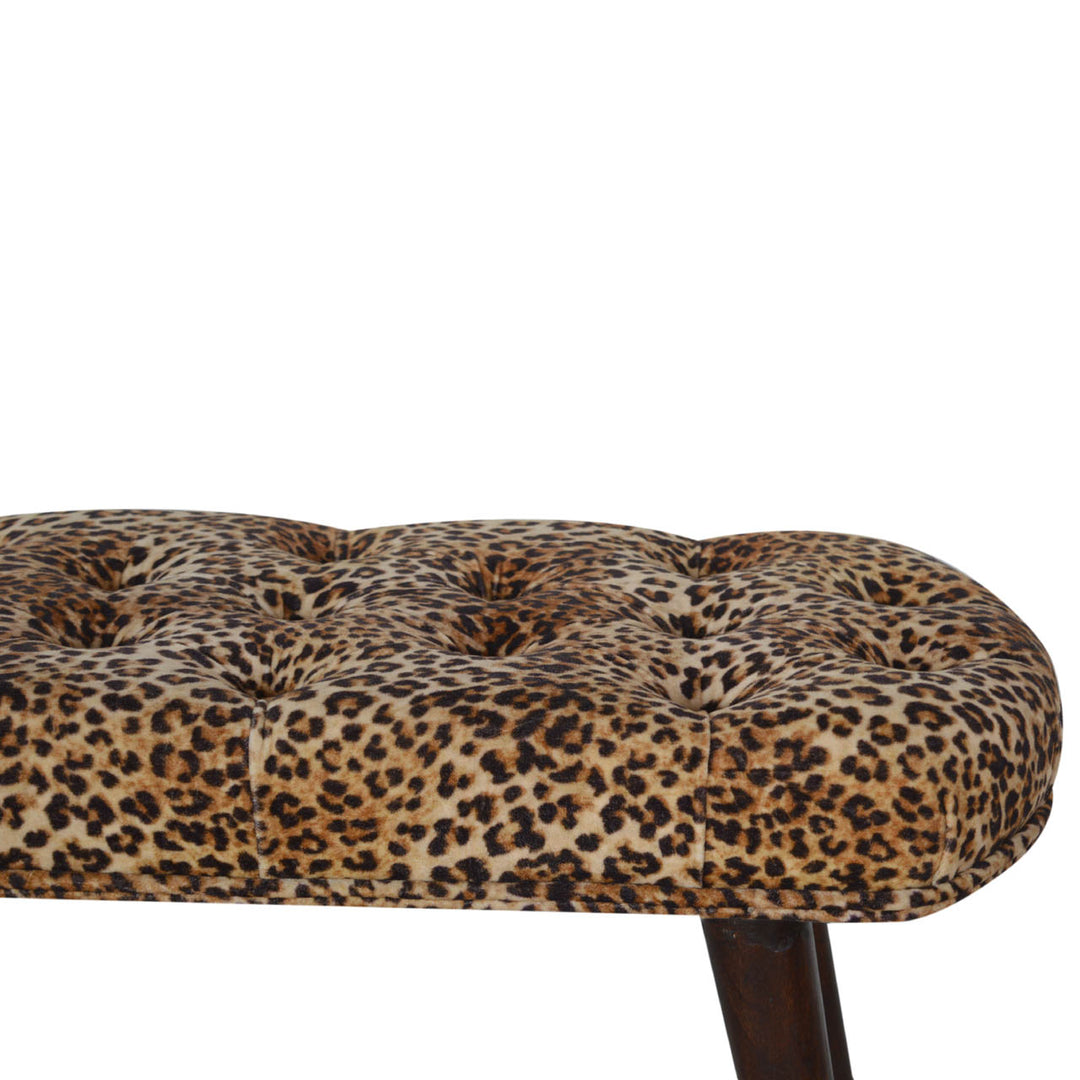 Solid Wood Leopard Print Deep Button Upholstered Bench, Brown