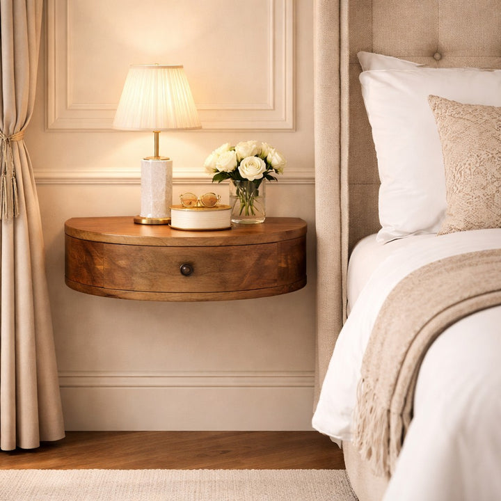 Solid Wood Wall-Mounted Rounded Nightstand, 1-Drawer, Oak-ish, Light Brown