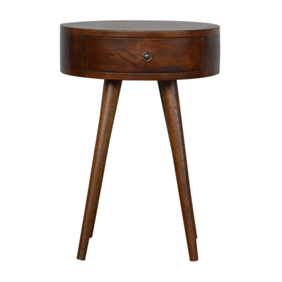Solid Wood Nordic Chestnut Circular Nightstand, Nordic Legs, 1-Drawer, Brown