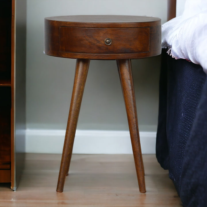 Solid Wood Nordic Chestnut Circular Nightstand, Nordic Legs, 1-Drawer, Brown