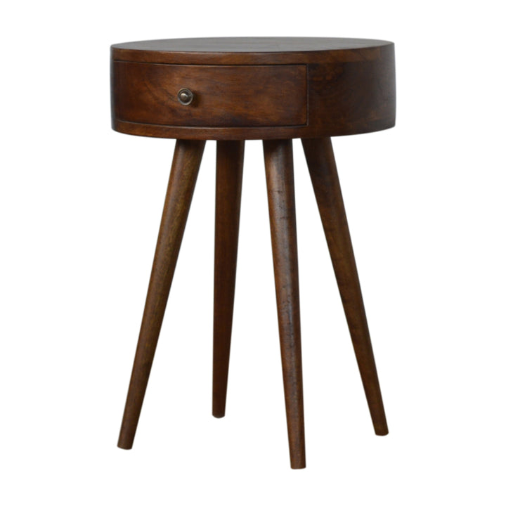 Solid Wood Nordic Chestnut Circular Nightstand, Nordic Legs, 1-Drawer, Brown
