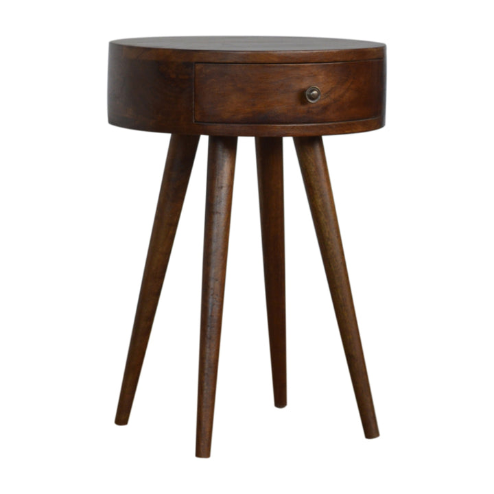 Solid Wood Nordic Chestnut Circular Nightstand, Nordic Legs, 1-Drawer, Brown