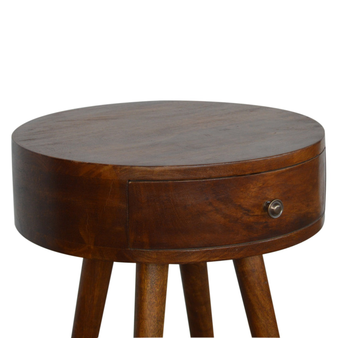 Solid Wood Nordic Chestnut Circular Nightstand, Nordic Legs, 1-Drawer, Brown