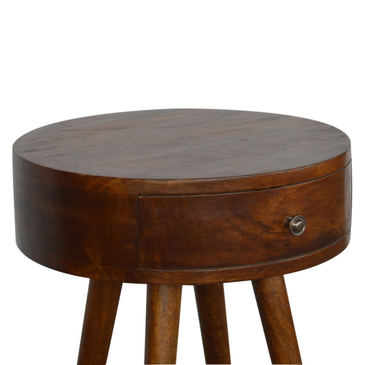 Solid Wood Nordic Chestnut Circular Nightstand, Nordic Legs, 1-Drawer, Brown