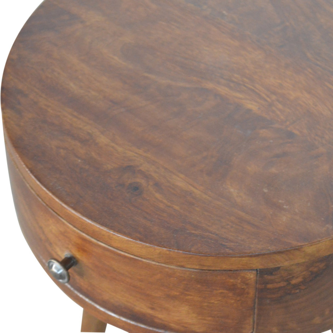 Solid Wood Nordic Chestnut Circular Nightstand, Nordic Legs, 1-Drawer, Brown