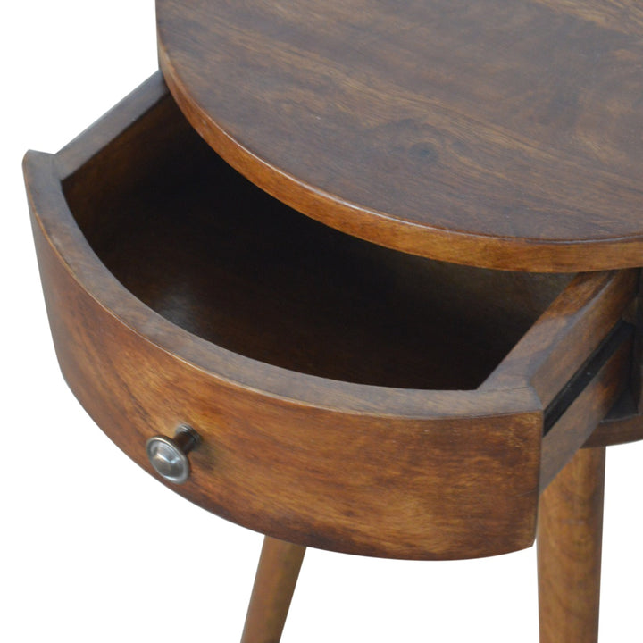 Solid Wood Nordic Chestnut Circular Nightstand, Nordic Legs, 1-Drawer, Brown