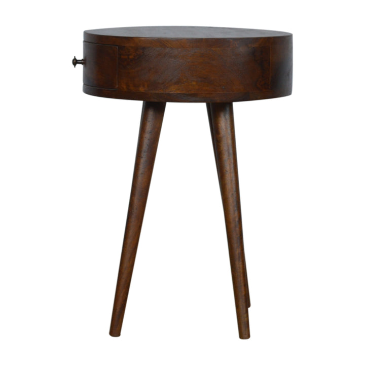 Solid Wood Nordic Chestnut Circular Nightstand, Nordic Legs, 1-Drawer, Brown