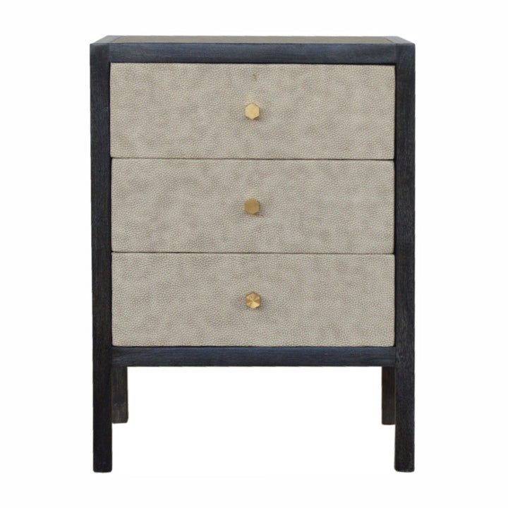 Solid Wood Faux Leather Nightstand, 3-Drawers, Grey and Black