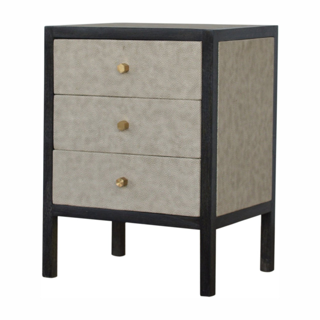 Solid Wood Faux Leather Nightstand, 3-Drawers, Grey and Black