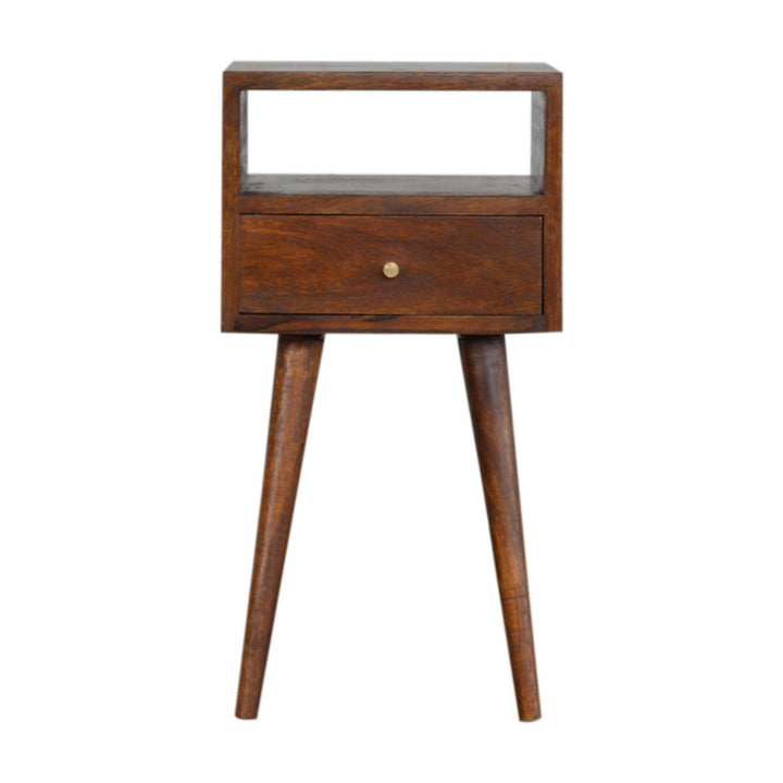 Solid Wood Mini Nightstand, 1-Drawer, 1 Open Slot, Chestnut, Brown